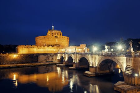 Castel Sant Angelo in Italy Rome at night over Tiber River with reflectionのeditorial素材