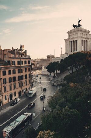 Street view with National Monument to Victor Emmanuel II in Rome, Italy.のeditorial素材
