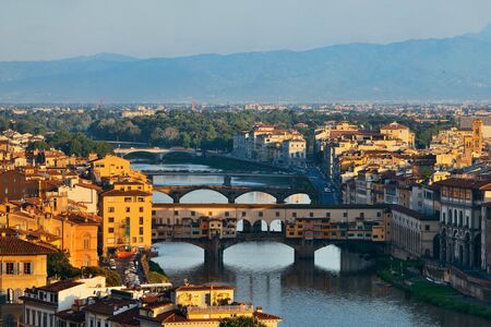 Florence skyline viewed from Piazzale Michelangelo and Ponte Vecchioの写真素材
