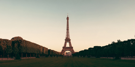 Eiffel Tower with lawn panorama view in Parisの写真素材