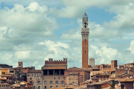 Medieval town Siena skyline view with historic buildings and Town Hall Bell Tower in Italyの写真素材