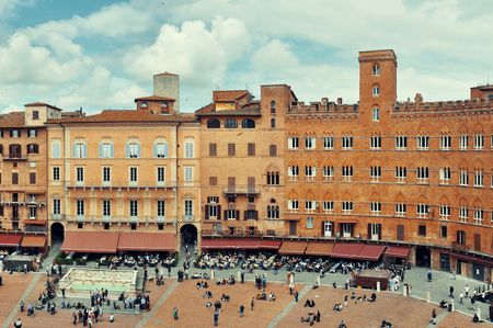 Old buildings in Piazza del Campo in Siena, Italy.のeditorial素材