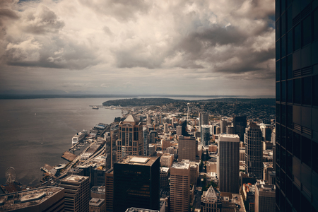 Seattle rooftop panorama view with urban architecture.