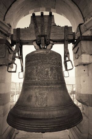 Bell on top of Pisa Leaning Tower in Italyの写真素材