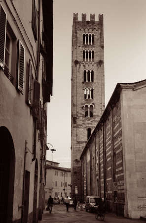 Lucca street view with bell tower in Italyの写真素材
