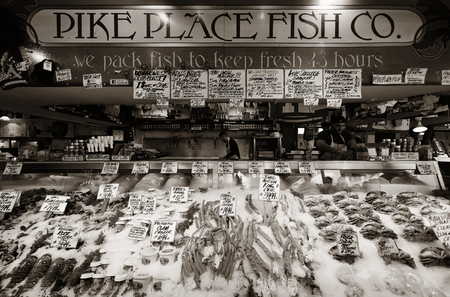 SEATTLE, WA - AUG 14: Farmer's Market interior on August 14, 2015 in Seattle. Seattle is the largest city in both the State of Washington and the Pacific Northwest region of North Americaのeditorial素材