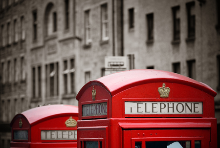 Edinburgh city street view with telephone box in United Kingdom.の写真素材