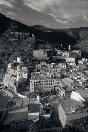 Aerial view of buildings in Vernazza, one of the five villages in Cinque Terre, Italy.の写真素材