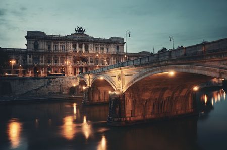 Bridge over River Tiber and Palace of Justice (Palazzo di Giustizia) at night in Rome, Italy.のeditorial素材