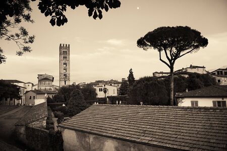 Basilica di San Frediano in Lucca with historic buildings in Italy.の写真素材