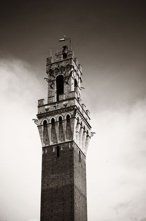 City Hall Bell Tower closeup in Siena Italy.の写真素材