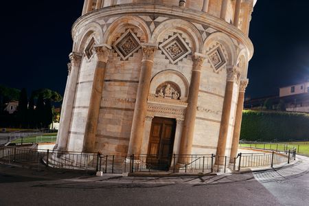Leaning tower closeup view at night in Pisa, Italy as the worldwide known landmark.の写真素材