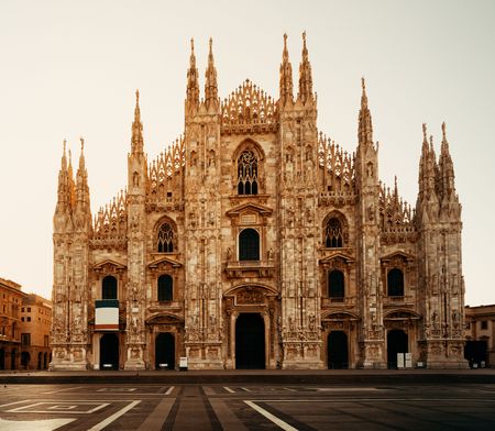 Cathedral Square or Piazza del Duomo in Italian is the center of Milan city in Italy.の写真素材