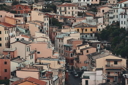 Riomaggiore street viewed from mountain in Cinque Terre, Italy.の写真素材