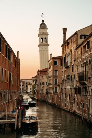 San Giorgio dei Greci church bell tower and Venice canal. Italy.の写真素材