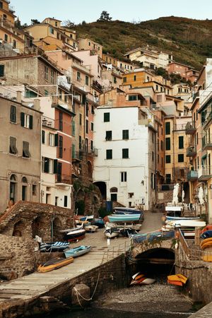 Riomaggiore waterfront view with buildings in Cinque Terre, Italy.の写真素材