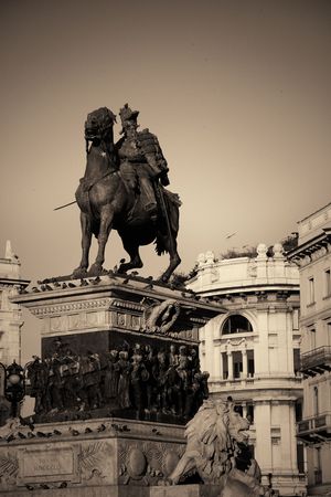 The Monument to King Victor Emmanuel II at Cathedral Square or Piazza del Duomo in Italian. Milan, Italy.の写真素材
