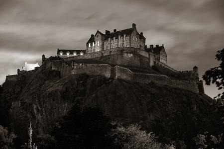Edinburgh castle with fountain as the famous city landmark. United Kingdom.のeditorial素材