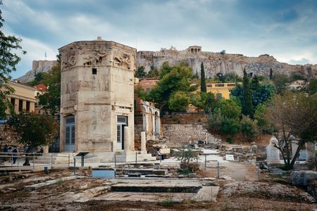 Historical Ruins with Tower of the Winds at Ancient Roman Forum in Athens, Greece