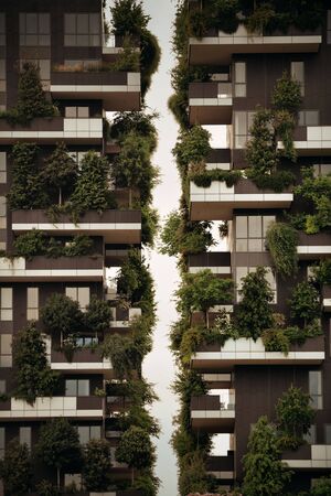 MILAN - MAY 24: Bosco Verticale closeup on May 24, 2016 in Milan, Italy. The International Highrise Award winner tween tower hosts more than 900 trees.のeditorial素材