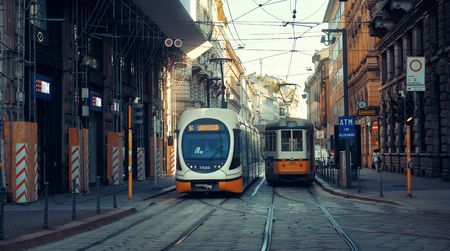 MILAN - MAY 24: street view with tram on May 24, 2016 in Milan, Italy. Milan is the second most populous in Italy and the main industrial and financial center.のeditorial素材