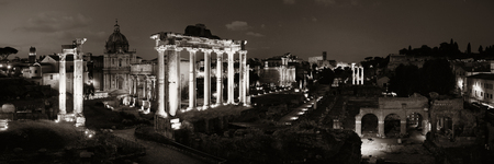 Rome Forum with ruins of ancient architecture at night panorama. Italy.の写真素材