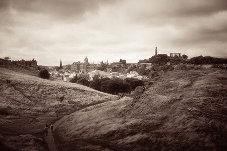 Edinburgh city viewed from top of Arthur's Seat in Holyrood Parkの写真素材