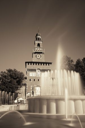 Landmark Sforza Castle and fountain in Milan, Italy.のeditorial素材
