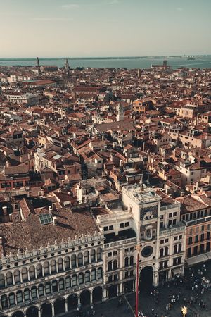 Rooftop view from the bell tower of historical buildings at Piazza San Marco in Venice, Italy.の写真素材
