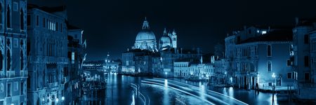 Busy Venice Grand Canal panorama with light trails at night, Italy.の写真素材