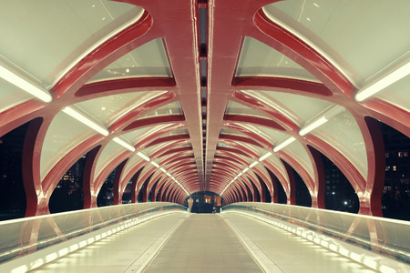 CALGARY, CANADA - AUGUST 27: Peace Bridge at night on August 27, 2015 in Calgary, Canada. Designed by Santiago Calatrava, the pedestrian bridge connect across Bow River and the landmark of the city.のeditorial素材