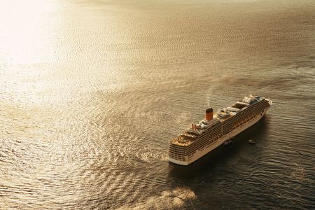 Santorini island with cruise ship at sunset in Greece.の写真素材