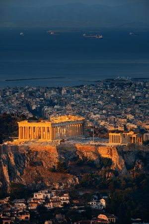 Athens skyline sunrise viewed from Mt Lykavitos with Acropolis, Greece.のeditorial素材