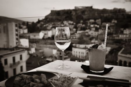 Dinner at rooftop with the view of Acropolis in Athens, Greece.の写真素材