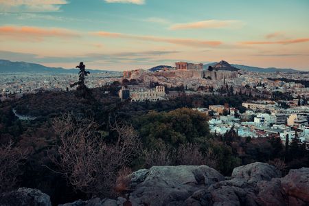 Athens skyline sunrise viewed from mountain top, Greece.の写真素材