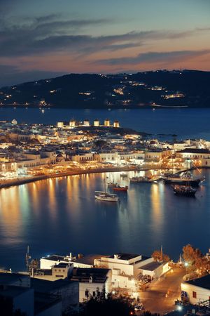 Mykonos bay viewed from above at night. Greece.のeditorial素材