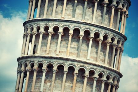 Leaning tower closeup view in Pisa, Italy as the worldwide known landmark.の写真素材