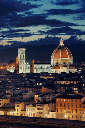 Florence Cathedral with city skyline viewed from Piazzale Michelangelo at nightの写真素材