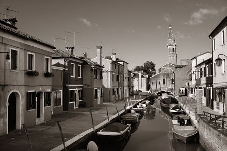 Burano historical buildings and canal view black and white. Venice, Italy.の写真素材