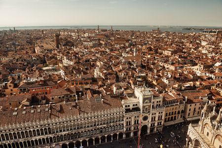 Rooftop view from the bell tower of historical buildings at Piazza San Marco in Venice, Italy.の写真素材