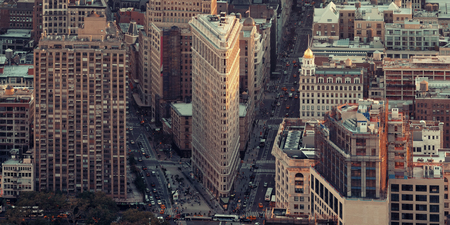 New York City - SEP 11: Flatiron Building panorama closeup on September 11, 2015 in New York City. It is one of the most iconic skyscrapers and the symbol of New York City.のeditorial素材