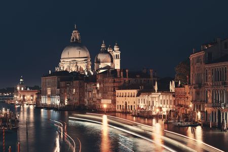 Busy Venice Grand Canal with light trails at night, Italy.のeditorial素材