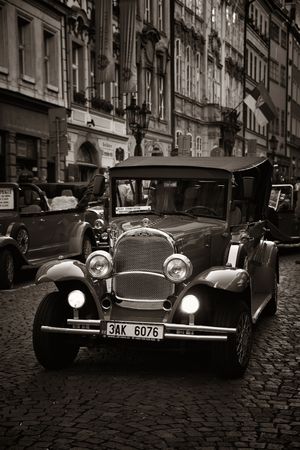 PRAGUE  OCT 8: Street view with vintage car on October 8, 2016 in Prague, Czech Republic. Prague is the capital and largest city in Czech Republic with rich culture and history.のeditorial素材