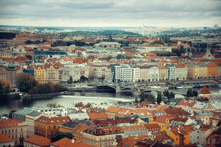 Prague skyline and bridge over river in Czech Republic.の写真素材