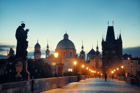 Charles Bridge in Prague Czech Republic at nightの写真素材