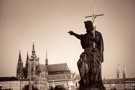 Charles Bridge statue closeup in Prague Czech Republicの写真素材
