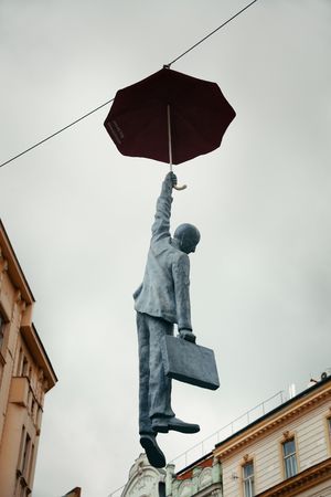 PRAGUE  OCT 8: Artwork over street on October 8, 2016 in Prague, Czech Republic. Prague is the capital and largest city in Czech Republic with rich culture and history.のeditorial素材