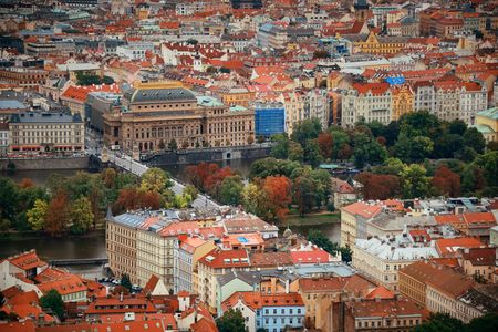 Prague skyline and bridge over river in Czech Republic.の写真素材