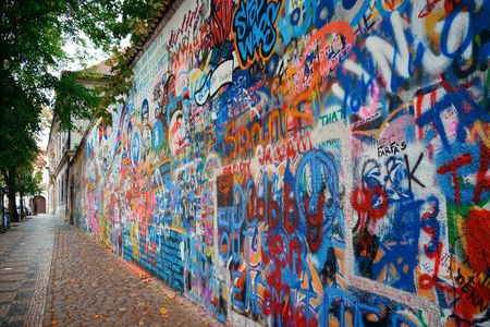 PRAGUE  OCT 8: Street view with Graffiti on October 8, 2016 in Prague, Czech Republic. Prague is the capital and largest city in Czech Republic with rich culture and history.のeditorial素材