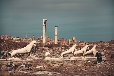 Terrace of the Lions in Historical Ruins in Delos Island near Mikonos, Greece.の写真素材
